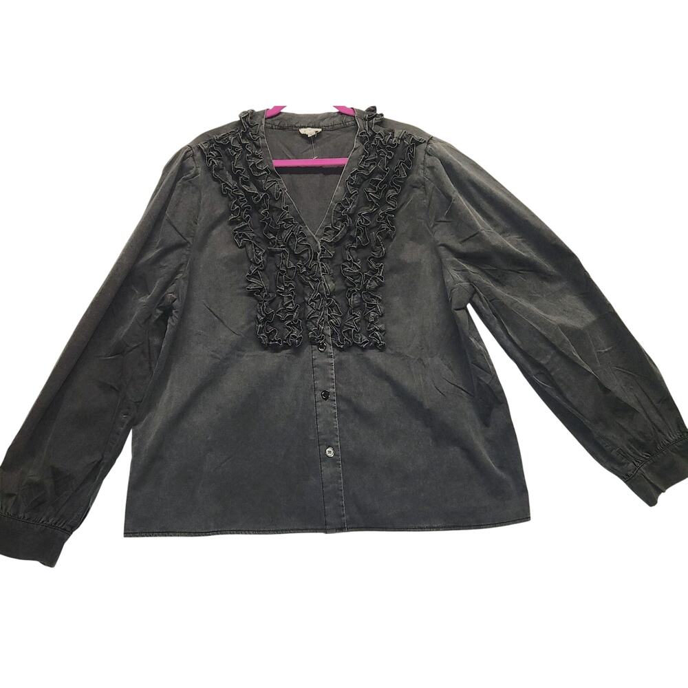 Pol Women's Long Sleeve Blouse, Button Down with Ruffle Detail, Gray, Large